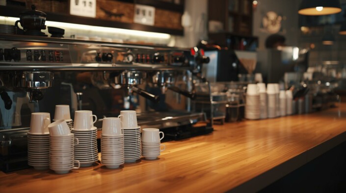 Coffee Shop POS coffee shop counter with cups, counter coffee machines