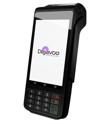 dejavoo-payment-terminal Dejavoo handheld payment terminal with touchscreen, keypad, and receipt printer