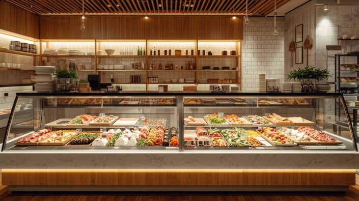 Deli POS A modern deli counter displaying a wide variety of fresh foods. Inside the glass case are trays of sliced meats, cheeses, vegetables, salads, and prepared items