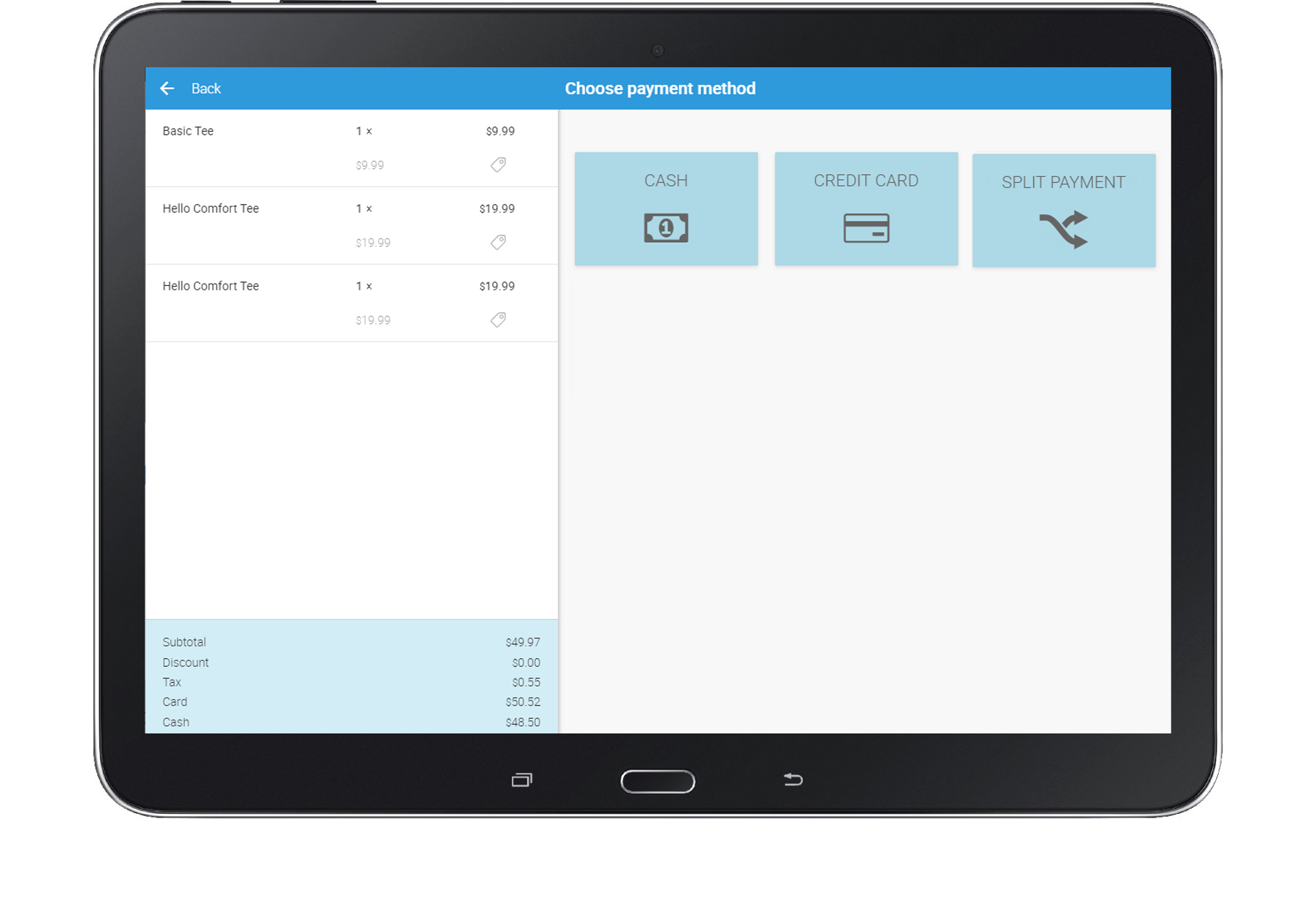 Dual pricing for cash and cards on a tablet device