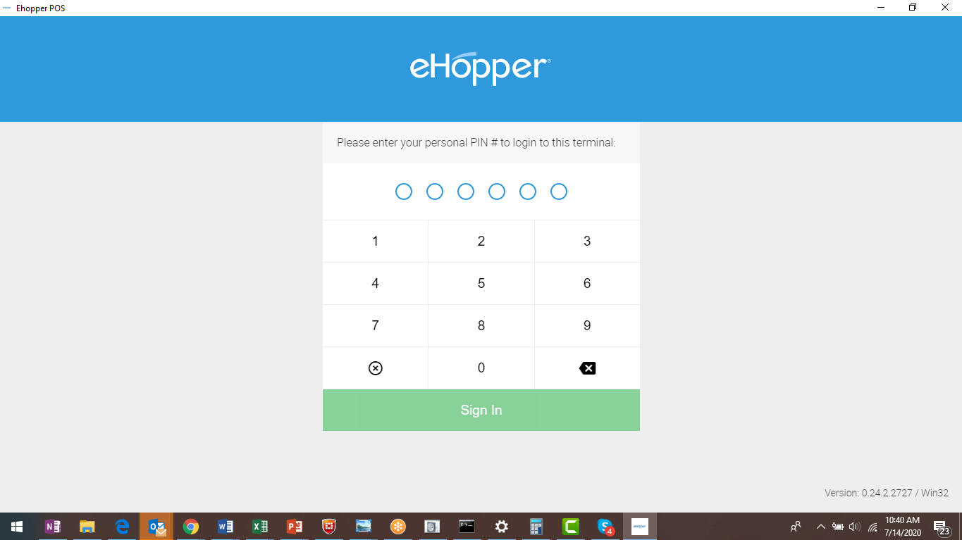 eHopper Windows App PIN Screen