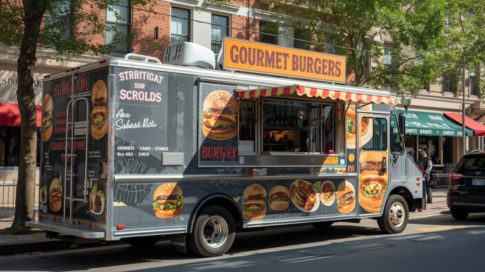 Food Truck POS Food truck wrapped in burger graphics parked on a city street, selling gourmet burgers through a service window, with buildings and trees in the background.
