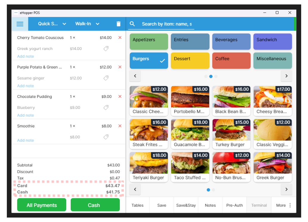 free ehopper POS dual pricing Screenshot of the eHopper POS dual pricing checkout screen showing a food order list on the left and menu tiles with burger images on the right, with the order subtotal of $43.00 and payment totals Card $43.47 and Cash $41.75, plus green All Payments and Cash buttons at the bottom.