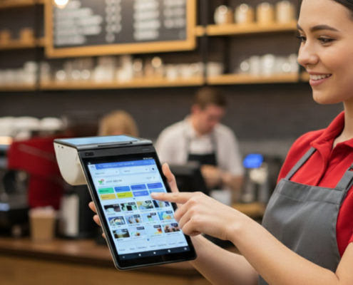 A smiling server in a red shirt and grey apron holds a free point of sale device, taking an order in a coffee shop.