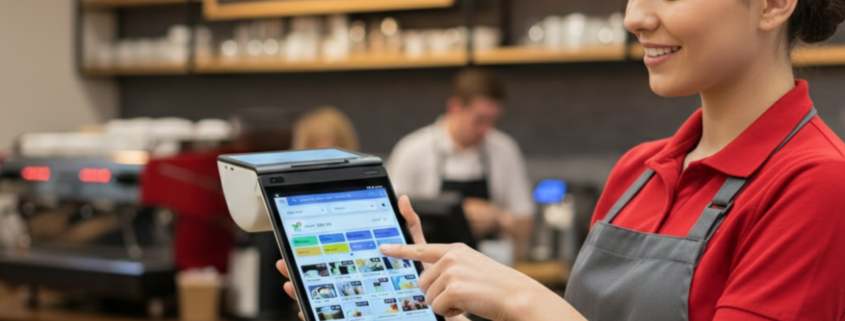 A smiling server in a red shirt and grey apron holds a free point of sale device, taking an order in a coffee shop.