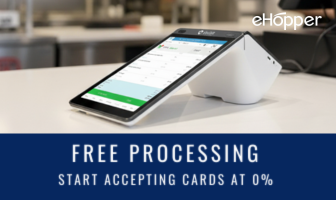 eHopper POS terminal on a counter promoting free credit card processing at zero percent