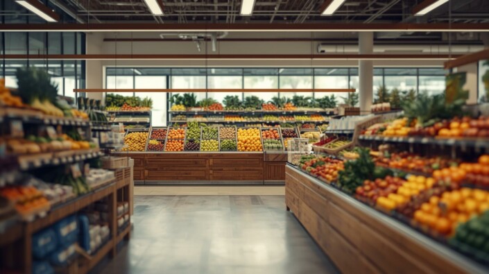 Grocery store POS fruits and vegetables inside a grocery store
