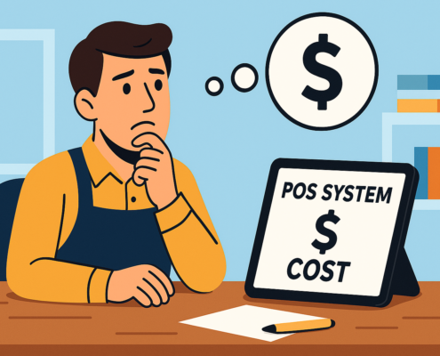 Illustration of a small business owner in an apron sitting at a desk, tapping his chin while staring at a tablet that reads “POS SYSTEM $ COST,” with a dollar-sign thought bubble above his head, showing he is worried about point-of-sale expenses