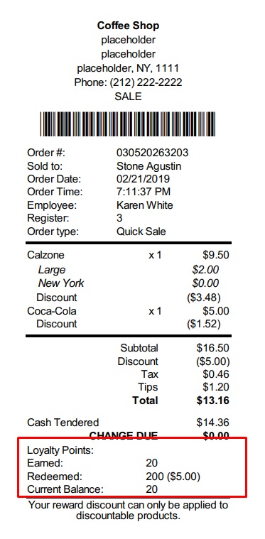 eHopper Loyalty Program customer receipt