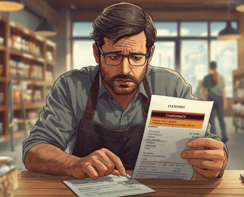 a worried shopkeeper sitting at a table inside a small store. He is wearing glasses and an apron, holding a paper labeled “Chargeback” with highlighted details, while pointing at another document in front of him