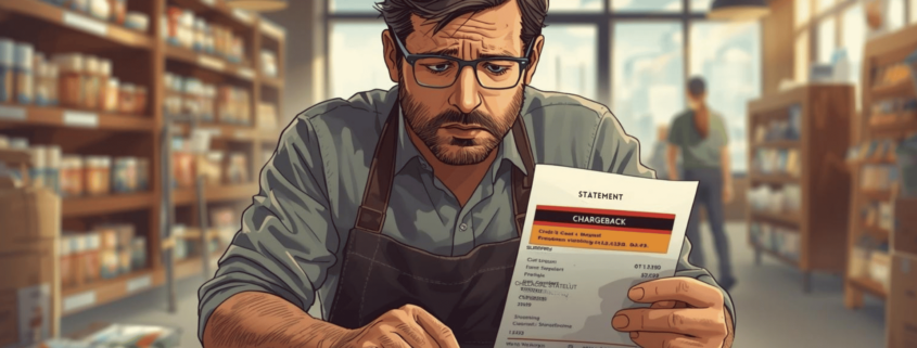a worried shopkeeper sitting at a table inside a small store. He is wearing glasses and an apron, holding a paper labeled “Chargeback” with highlighted details, while pointing at another document in front of him