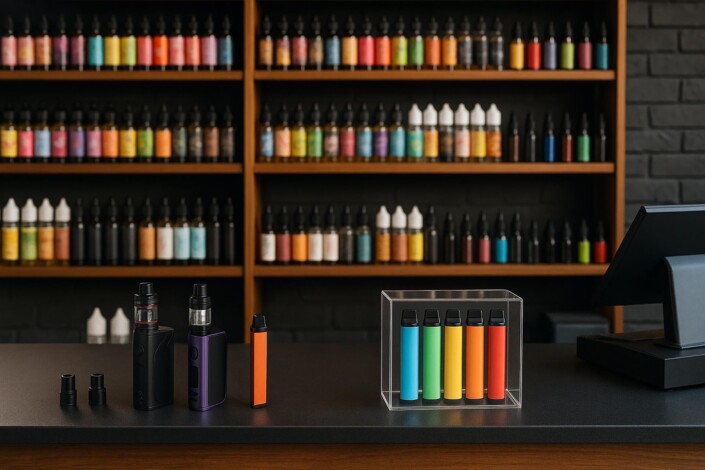 Vape Shop POS vape shop counter with vape bottles behind the counter